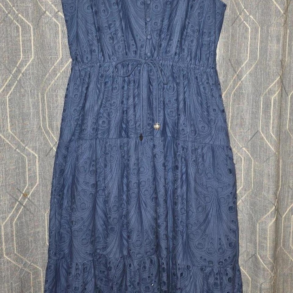 En Saison Eyelet Midi Dress Tiered Blue Sleeveless Boho Romantic Small Womens